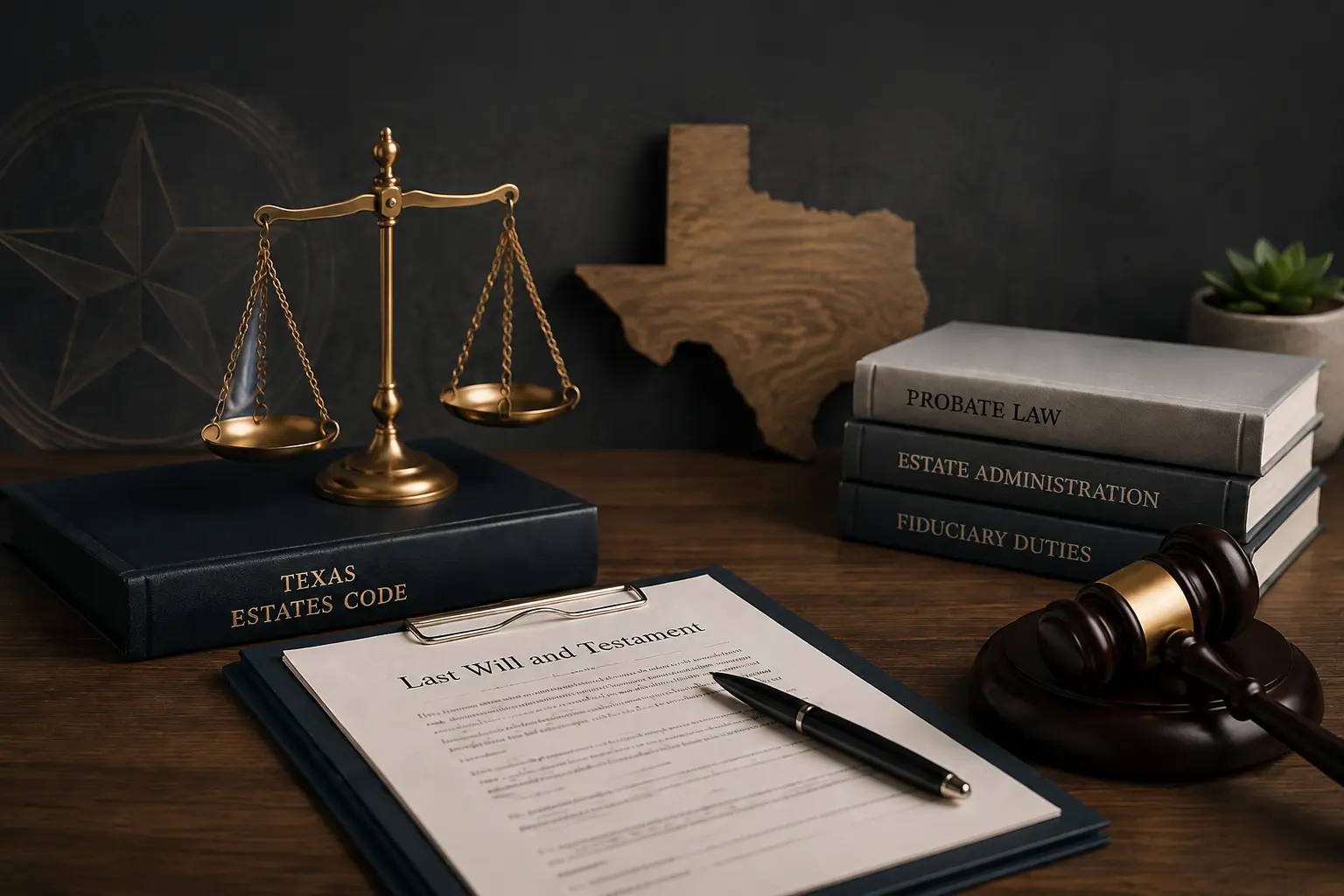 Texas probate scene with scales of justice, Texas map, probate law books, gavel, and last will and testament